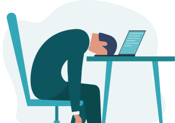 最適なマネジメント方法がわからずに悩むマネージャーのイラスト:デスクに頭をつけて困り果てている様子。