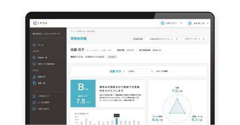 採用課題を解決するミキワメ適性検査:候補者の定着・活躍予測を分析した管理画面の画像。