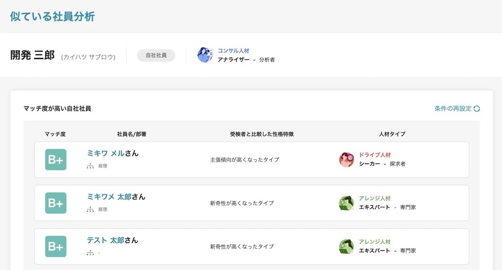 ミキワメAI 適性検査の似ている社員分析結果画面